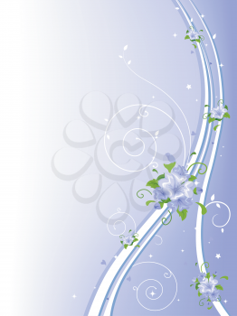 Royalty Free Clipart Image of a Blue Background With Flowers and Flourishes