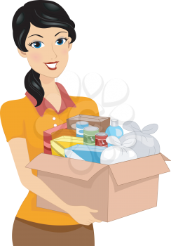 Illustration of a Girl Carrying a Donation Box Full of Goods