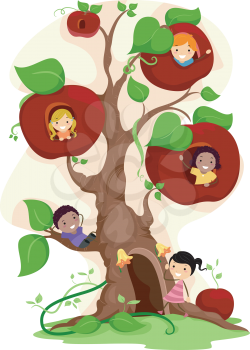 Illustration of Kids Playing in an Apple Tree