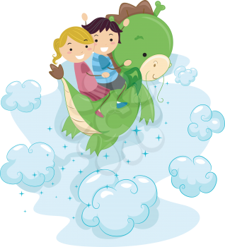 Illustration of Kids Riding a Dragon