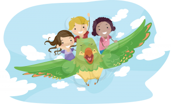 Illustration of Kids Riding a Giant Bird