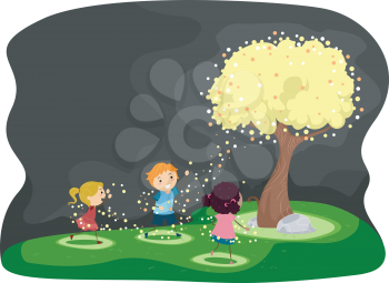 Illustration of Kids Gathered Around a Tree Covered with Fireflies