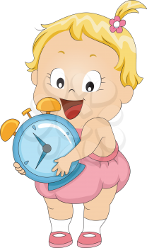 Illustration of a Toddler Carrying an Alarm Clock