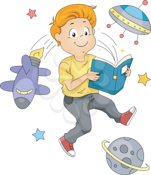Illustration of a Kid Reading a Space-themed Book