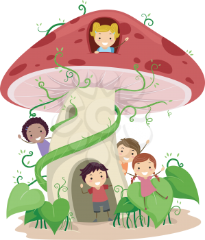 Illustration of Kids Playing in a Mushroom Shaped House