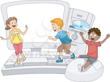 Illustration of Kids Playing with a Giant Computer