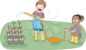 Illustration of Kids Watering Plants