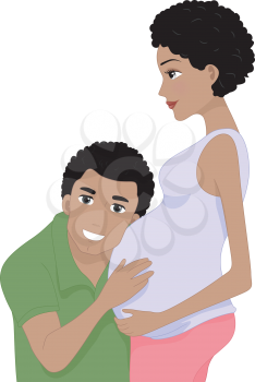 Illustration of a Husband Listening to His Wife's Tummy