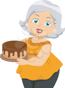 Illustration Featuring an Elderly Woman Holding a Cake