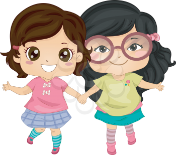 Illustration of Asian Girls Holding Hands While Walking