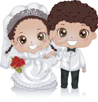 Illustration of a Young African-American Couple Wearing Wedding Costumes