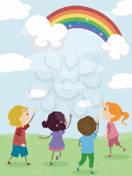 Illustration of Kids Admiring a Rainbow