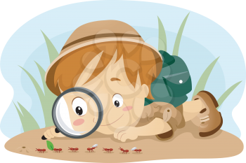 Illustration of a Kid Observing Ants