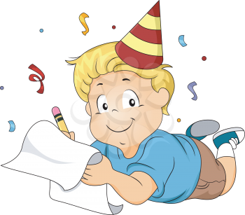Royalty Free Clipart Image of a Child in a New Year's Party Hat Writing on Paper