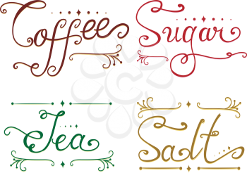 Royalty Free Clipart Image of the Words Coffee, Sugar, Tea and Salt