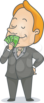 Royalty Free Clipart Image of a Man Smelling Money