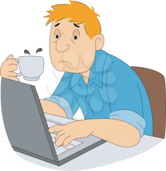 Royalty Free Clipart Image of a Sleepy Guy at the Computer With Coffee