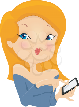Royalty Free Clipart Image of a Woman Touching Her Cellphone Screen