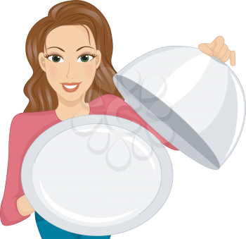 Royalty Free Clipart Image of a Woman With a Dish Cover and Serving Tray