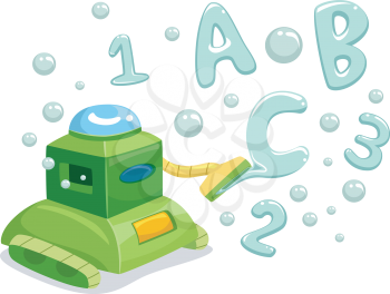 Royalty Free Clipart Image of a Robot Making ABC and 123 Bubbles