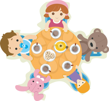 Royalty Free Clipart Image of a Tea Party Set With Dolls and Stuffed Animals