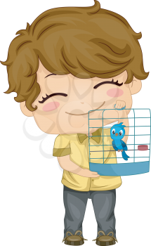 Royalty Free Clipart Image of a Little Boy With a Bird in a Cage