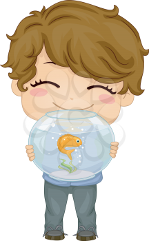 Royalty Free Clipart Image of a Boy With a Goldfish in a Bowl