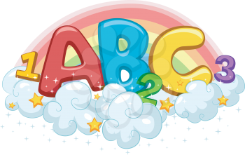 Illustration of ABC and 123 on Clouds with Stars and Rainbow