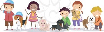 Illustration of Stickman Kids with their Pet Dogs