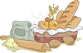 Illustration of Basket of Bread with Baking Materials and Ingredients