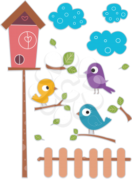 Illustration of Cute and Colorful Bird with Birdhouse Sticker Designs