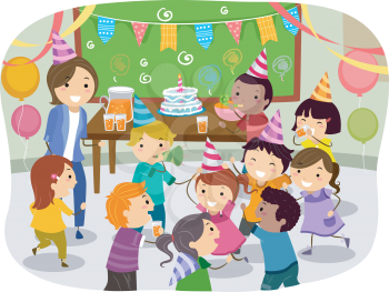 Illustration of Stickman Kids Having a Birthday Party at School