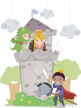 Illustration of Stickman Kids plays Dragon, Prince, and Princess in School Play 