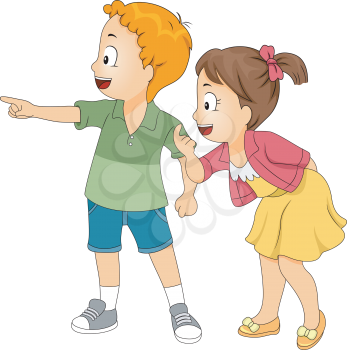 Illustration of Little Male and Female Kids Looking and Pointing Left 