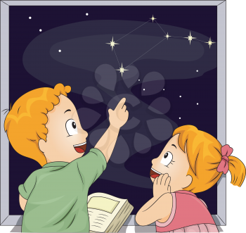 Illustration of Male and Female Kid Siblings Studying Constellations