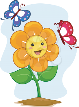 Illustration of Happy Flower Mascot with Butterflies