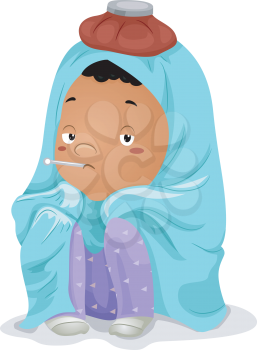 Illustration of a Sick Little Kid Boy Wrapped in Blanket with Thermometer on Mouth and Ice Bag on Head