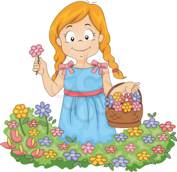Illustration of Little Kid Girl with Basketful of Flowers Picking Flowers in a Garden