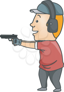 Illustration of a Man Wearing a Pair of Ear Muffs While Firing a Gun