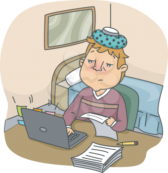 Illustration of a Flushed Man with an Ice Pack on His Head Typing on His Computer While Sick