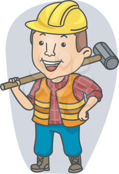 Illustration of a Man Wearing Construction Gear Holding a Sledge Hammer