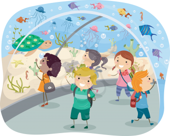 Stickman Illustration Featuring Excited Kids on a Trip to the Aquarium