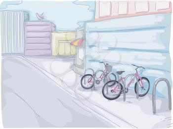 Watercolor Illustration Featuring Bicycles Parked in a Small Parking Lot