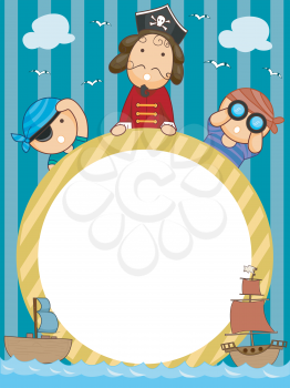 Frame Illustration of Pirates Holding a Circular Frame Flanked by Pirate Ships