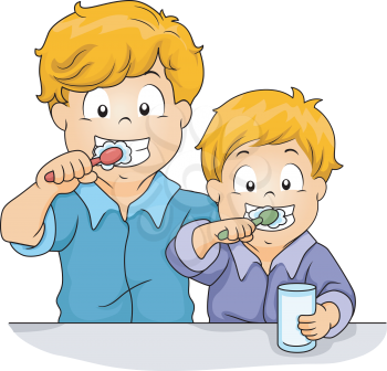Illustration of Male Siblings Brushing Their Teeth Together