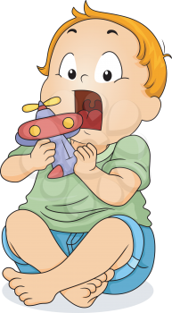 Illustration of a Baby Boy About to Put a Toy in His Mouth