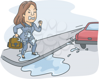 Illustration of a Woman Pissed Off at the Driver Who Splashed Water All Over Her