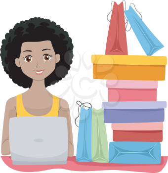 Illustration of a Girl Sitting Beside Shopping Bags Doing Some Shopping Online