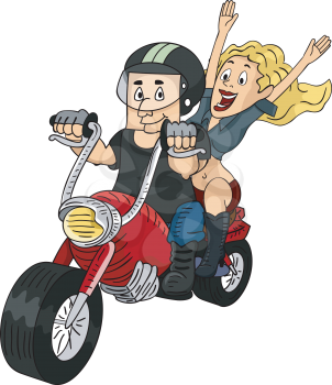 Illustration of a Man Riding a Customized Motorcycle with a Female Passenger at the Back