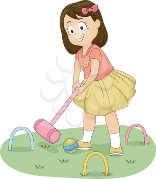 Illustration of a Little Girl Hitting a Ball with a Croquet Mallet